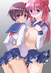 2girls ass asymmetrical_docking blue_eyes bow breast-to-breast breast_press breast_size_difference breasts brown_hair clothing female hair_ornament hairbow hand_under_clothes hands_under_clothes haramura_nodoka huge_breasts karappa kiyosumi_school_uniform large_breasts lingerie long_hair miyanaga_saki multiple_girls nopan pantsu pettanko petticoat pink_hair ribbon saki school_uniform serafuku shirt shirt_lift short_hair skirt symmetrical_docking thighhighs tied_hair twintails underwear very_short_hair yuri