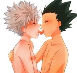 2boys blush boy gay gon_freecss hunter_x_hunter killua_zoldyck kissing light-skinned_male light_skin male male_only naked nude pale-skinned_male pale_skin teenager tongue tongues_touching twink white_hair yaoi