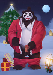 2018 absurd_res anthro balls belly black_body black_fur blizzard_entertainment bottomwear christmas christmas_tree chubbylittlemu clothing detailed_background erection fur genitals hi_res holidays humanoid_genitalia humanoid_hands humanoid_penis kemono male male_only mammal moon night outside overweight overweight_male pandaren pants penis snow solo tree ursid video_games warcraft white_body white_fur