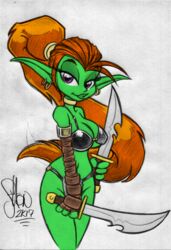 2017 armor bikini_armor breasts dagger earring edit female female_only goblin goblin_female king-cheetah orange_hair purple_eyes shon_howell solo solo_female