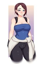 1futa absurdres big_breasts blue_eyes blush breasts brown_hair bulge cleavage dickgirl fiveish futa_only futanari highres jill_valentine large_breasts resident_evil resident_evil_3 short_hair solo