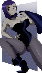 1girls big_breasts black_canary_(cosplay) black_eyes black_leotard bob_cut boots cartoon_network choker clothed clothed_female cosplay dc dc_comics demon_girl female female_only forehead_jewel green_arrow_(series) grey_skin half_demon high_heel_boots high_heels leotard mini_jacket pale-skinned_female pantyhose purple_eyes purple_hair rachel_roth raven_(dc) short_hair solo solo_female sonson-sensei stockings superheroine teen_titans