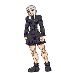 allesey black_dress black_shoes cannabis_(allesey) manga muscular_female original_character purple_eyes spats white_hair witch