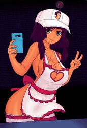 baseball_cap cellphone heterochromia large_breasts naked_apron pigtails selfie smile stockings streaming_chan susiesshitart tagme tanned v va-11_hall-a