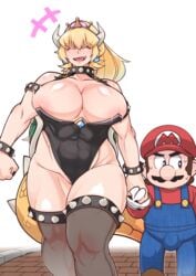 1boy 1girls blonde_hair bowsette bulge choker crown genderswap gurigurisan holding_hands horns huge_breasts long_hair mario mario_(series) muscular muscular_female new_super_mario_bros._u_deluxe nintendo super_mario_64 sweat sweating thick_thighs white_background