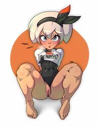 1girls abs bea_(pokemon) big_ass blue_eyes blush bodysuit bottom_heavy clitoris dark-skinned_female dark_skin feet heavy_breathing human_only looking_at_viewer malcontentus muscular muscular_female nintendo pokemon pokemon_ss pussy solo text thick_thighs watermark white_hair wide_hips