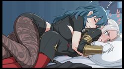 2girls blue_hair blush byleth_(fire_emblem) byleth_(fire_emblem)_(female) cuddling cute edelgard_von_hresvelg female female_only female_protagonist fire_emblem fire_emblem:_three_houses flustered fully_clothed large_breasts long_hair mikoyan nintendo sleeping spooning sweat teacher teacher_and_student thighhighs white_hair wholesome yuri