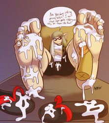 5_toes barefoot bodily_fluids brown_hair clothing cum cum_on_clothing cum_on_feet cum_on_leg cum_on_sandals cum_on_self cum_on_shoes disembodied_penis english_text fan_character feet female flip_flops foot_fetish foot_focus footwear genital_fluids genitals grey_background hair hi_res howsplendid humanoid_feet inkling inkling_girl male nintendo penis red_eyes sandals shoes signature simple_background soles speech_bubble splatoon text toes video_games