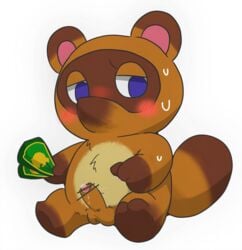 2018 animal_crossing anthro belly blush bodily_fluids brown_body brown_fur canid canine chibi fur furry genitals highres kemono male male_only mammal money nintendo nude penis raccoon_dog ruua simple_background sitting slightly_chubby solo solo_male sweat tanuki testicles tom_nook white_background