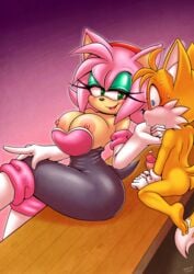 1boy 1girls amy_rose amy_the_bat anthro areola ass barefoot big_breasts breasts_out_of_clothes bursting_breasts duo elbow_gloves erect_nipples exposed_torso female fox gloves handwear hedgehog latex male michiyoshi mostly_nude nipples rouge_the_bat_(cosplay) sega sonic_(series) tails