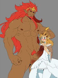 2boys blonde_hair boner cherrypicmilk choker crossdressing dark-skinned_male dark_skin earrings embarrassed erection femboy ganondorf gay girly hand_on_head huge_cock link long_hair male_only muscular muscular_male nintendo nude penis_awe pierced_nipples pointy_ears precum red_hair sweat the_legend_of_zelda trap yaoi