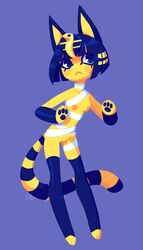 1girls 2019 animal_crossing ankha anthro armwear beastyrection blue_hair breasts clothing egyptian feet felid feline felis female fur furry furry_only hair hi_res legwear looking_at_viewer mammal nintendo nipples paws pussy simple_background small_breasts solo tail text video_games watermark yellow_body yellow_fur