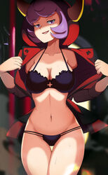 1girls :d abs bra breasts clothed clothed_female courtney_(pokemon) courtney_(pokemon_oras) eye_contact fake_horns female female_only game_freak grin half-closed_eyes hoodie horns human human_only jacket large_breasts looking_at_viewer nintendo open_mouth panties pokemon pokemon_oras pokemon_rse purple_eyes purple_hair short_purple_hair smile smoke smug solo sweat team_magma thigh_gap underwear undressing vivivoovoo wet wide_hips