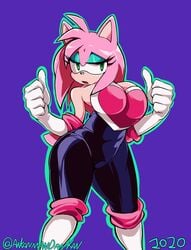 1girls 5_fingers amy_rose amy_the_bat anthro arkman big_breasts black_nose blue_eyeshadow elbow_gloves eulipotyphlan eyelashes female female_only gloves hedgehog humanoid_hands latex pink_hair pinup rouge_the_bat_(cosplay) sega skintight solo sonic_(series) sonic_team sonic_the_hedgehog_(series) thick_thighs thighs tight_clothing video_games wide_hips