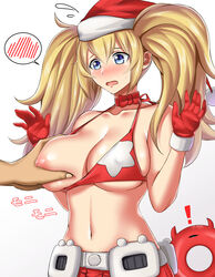 absurdres bikini blonde_female blonde_hair blue_eyes blush breasts christmas enemy_lifebuoy_(kantai_collection) female gambier_bay_(kantai_collection) gloves hat highres kantai_collection kome_cola large_breasts long_hair open_mouth santa_bikini santa_hat solo swimsuit twintails