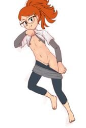 1girls belly breasts cartoon_network female female_only flashing glasses hbo_max infinity_train orange_hair pussy solo tulip_olsen vagina white_background yoga_pants