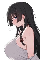 1girl absurdres armpit_crease bare_shoulders black_hair blue_eyes bow braid breasts camisole commentary from_side hair_bow highres large_breasts long_hair looking_at_viewer looking_to_the_side off_shoulder parted_lips saho_4545 see-through_silhouette shirayuki_hina shirt simple_background sleeveless sleeveless_shirt solo spaghetti_strap stellive sweat untranslatable_commentary upper_body virtual_youtuber white_background white_shirt
