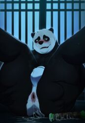 absurd_res after_masturbation anal_fluids anthro anus balls bear blush bodily_fluids butt digital_media_(artwork) dreamworks fur genital_fluids genitals giant_panda hi_res improvised_dildo improvised_sex_toy kung_fu_panda kuroikiri lying male mammal master_po_ping nude on_back scroll smile solo spread_butt spread_legs spreading sweat sweatdrop