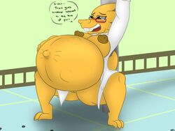 4:3 alphys anthro belly big_belly big_breasts breasts clothing female fetal_movement hi_res hyper hyper_belly navel outie_navel pregnant ready_to_pop solo undertale undyingwolf video_games vore