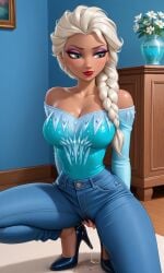 bare_shoulders high_heels disney disney_channel disney_princess 1girls blue_eyes blonde_hair dark_skin dark-skinned_female petite petite_body petite_female medium_breasts large_breasts vase flowers masturbation masturbating solo masturbation_through_clothing sweatdrop sweating squirting squirting_through_clothes jeans off-shoulder_shirt off-shoulder off_shoulder cleavage pussy_juice pussy_juice_drip pussy_juice_stain pussy_juice_puddle squatting squatting_female floor narrow_waist wide_hips long_eyelashes eyelashes eyebrows eyeshadow eyeliner lipstick mascara makeup shiny_skin frozen_(film) frozen_2 elsa_(frozen) platinum_blonde_hair braid hair_over_shoulder purple_eyeshadow red_lips realistic ai_generated ai_assisted hi_res waifufamily
