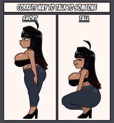 1girl ahoge ass bandeau black_eyes black_footwear black_hair black_tube_top blunt_bangs blush breasts bursting_breasts closed_eyes clothing crop_top dark-skinned_female dark_skin english_text female from_side grey_pants high_heels huge_ahoge huge_breasts large_breasts licking_lips long_hair midriff multiple_views original original_character pants shortstack squatting steca stequita strapless thelazyart thick_thighs thighs tongue tongue_out tube_top