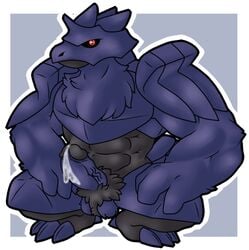 1boy altenusy animal_genitalia anthro anthrofied avian bara beak bird bodily_fluids claws corvid corviknight cum digital_media_(artwork) erection feathers fur genital_fluids humanoid_genitalia humanoid_penis male male_only nintendo nude original_character penis pokémon_(species) pokemon pokemon_ss pubic_hair red_eyes simple_background solo squatting testicles veins video_games wings yaoi