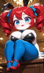 urikoito ai_generated pixai poppy_playtime poppy_(poppy_playtime) bulma_(cosplay) 1girls 1female female female_only female_focus solo solo_focus solo_female bunny_ears bunnysuit bunny_girl playboy_bunny leotard black_leotard smile smiling smiling_at_viewer looking_at_viewer from_below high_heels red_high_heels blue_eyes blue_legwear thick_thighs thighs breasts big_breasts huge_breasts sitting freckles freckles_on_face red_hair red_lipstick white_skin bowtie blush twintails pigtails curly_hair ribbons cosplay ass big_ass huge_ass tagme shortstack