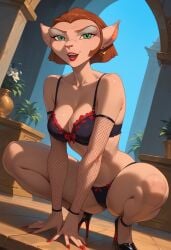ai ai_generated black_lingerie bra captain_amelia ear_piercing earrings feline female fishnet green_eyes high_heels lingerie mature_female milf panties posing short_hair treasure_planet