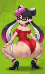 callie_(splatoon) splatoon inkling_girl fishnets red_dress leotard twerking twerk ai_generated ai_assisted ass butt big_ass big_butt shaking_ass shaking_butt ass_bigger_than_head squatting bubble_butt bubble_ass tentacle_hair