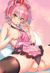 apron areola_slip areolae ass black_legwear black_panties black_underwear blush breasts brown_eyes cameltoe erect_nipples erect_nipples_under_clothes female folded_ponytail gluteal_fold hadaka_apron hair_ornament hair_ribbon hand_on_chest hand_on_own_chest hand_to_own_mouth idolmaster idolmaster_cinderella_girls jougasaki_mika large_breasts lingerie long_hair looking_at_viewer nearly_naked_apron nipples nipples_visible_through_clothing no_bra panchira pantsu parted_lips partially_visible_vulva pink_background pink_hair plaid plaid_apron ponytail ribbon sideboob sitting skindentation smile solo spread_legs tamon_ketsuyuki thick_thighs thighhighs thighs thong tied_hair tsurime underwear yellow_eyes