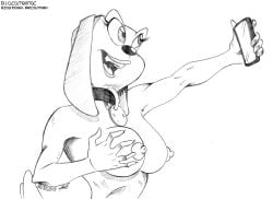 tiquitoc brandy_and_mr._whiskers disney brandy_harrington canid canine canis domestic_dog humanoid mammal mixed_breed 2018 dated graphite_(artwork) hi_res monochrome signature traditional_media_(artwork) url long_ears black_nose dog_collar breasts areolae erect_nipples nude breast_grab smartphone selfie smile looking_up white_background