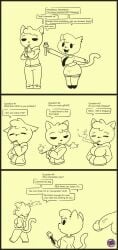 anthro cigarette clothed clothing comic dialogue domestic_cat duo electronics felid feline felis female genitals hi_res interview male mammal microphone missmess mizzy_meows_(missmess) out_of_frame penis piercing smoking smoking_cigarette speech_bubble stated_homosexuality stated_sexuality