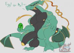 2026 2_toes anthro areola balls barazoku biceps big_balls big_muscles big_pecs big_penis black_balls black_body black_foreskin black_sclera claws crouching daikuhiroshiama dark_sclera dialogue digitigrade egg feet fin foreskin generation_6_pokemon genitals glans gold_areola gold_nipples green_body half-erect hand_on_knee hand_on_leg hi_res holding_egg holding_object horn huge_penis legendary_pokemon looking_at_viewer male markings mega_evolution mega_rayquaza multicolored_body muscular muscular_anthro muscular_male nintendo nipples no_pupils nude nude_anthro nude_male pecs penis pokemon pokemon_(species) question_mark rayquaza red_eyes simple_background solo tail tail_fin talking_to_viewer thick_tail tilde_after_text toe_claws toes triceps white_background yellow_glans