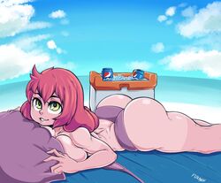 abigale beach big_ass bikini cooler flauschdraws green_eyes looking_at_viewer pillow red_hair sunbathing tanline