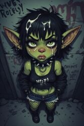 ai_generated perchance_ai goblin goblin_female dark_hair shaggy_hair punk_girl spiked_collar fishnet_stockings nipple_outline ear_piercing exposed_midriff shortstack shorts cropped_top cum_on_face cum_on_hair grumpy
