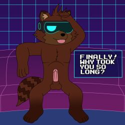 4_toes absurd_res anthro balls bottomwear brown_body brown_fur clothed clothing erection feet fur furniture genitals hi_res male mammal markings nude on_sofa penis procyonid raccoon reggie_rakun reggie_rakun_(character) ring_(marking) ringed_tail sitting sitting_on_sofa sofa solo strip_game strip_meme striped_markings striped_tail stripes tail tail_markings text toes visor