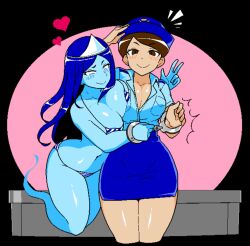 2girls 2d big_breasts blush breasts brown_eyes brown_hair cleavage clothed fukei_(jermaneels) jermaneels large_breasts pixel_art police police_hat police_uniform policewoman skirt smile strip_rock-paper-scissors_-_police_edition thick_thighs thighs uniform pencil_skirt handcuffs handcuffed bikini blue_body blue_skin ghost ghost_(jermaneels) ghost_girl headpiece heart hearts_around_head huge_breasts long_hair micro_bikini open_mouth peace_sign string_bikini strip_rock-paper-scissors_-_ghost_edition striped_bikini triangular_headpiece ghost_tail navel