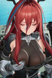 1girls ai_generated arknights:_endfield black_leotard blue_highlights breast_squeeze closed_eyes clothed_female ember_(arknights:_endfield) gloves halo headset metal_halo multicolored_hair red_hair solo solo_female squeezing_breast squeezing_own_breasts