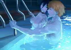 1boy 1girl ass black_choker blue_hair breasts censored censored_nipples chainsaw_man choker closed_eyes denji_(chainsaw_man) green_eyes hair_between_eyes hetero highres implied_sex medium_breasts open_mouth orange_hair pink_nails pool poolside pull_cord reze_(chainsaw_man) sharp_teeth short_hair spykeee teeth wading water