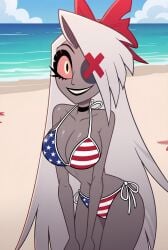 1female 1girls ai_generated american_flag_bikini beach bikini dark-skinned_female dark_skin eye_patch female female_focus hazbin_hotel hazbin_hotel_(season_2) long_hair smile smiling smiling_female solo straight_hair tagme vaggi_(hazbin_hotel) vaggie vaggie_(hazbin_hotel) white_hair