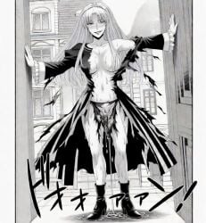 after_sex black_and_white blushing cheating cheating_wife cum cum_leaking_out_of_pussy hair_covering_breasts iris_bozes kirino long_hair long_sleeves lust milf mother no_bra no_panties noblewoman ripped_clothes ripped_clothing rough_sex rougo_ni_sonaete_isekai_de_8-manmai_no_kinka_wo_tamemasu smiling smug_grin sweat wife