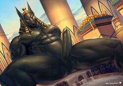 2020 abs anthro anubian_jackal anubis balls canid canine canis deity detailed_background egyptian_mythology erection front_view genitals jackal male male_only mammal metokuron middle_eastern_mythology muscular muscular_male mythology nude pecs penis solo