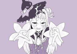 1girl absurdres blunt_bangs blush commentary_request cum cum_on_body cum_on_hair cum_on_headwear cumdrip double_v facial flat_chest greyscale hair_bun hat hat_ornament highres hololive jacket long_hair monochrome murasaki_shion open_mouth purple_theme senaka_(kamemusikiller0723) short_eyebrows single_side_bun smile solo star_(symbol) star_hat_ornament striped_clothes striped_jacket sweat tilted_headwear v v-shaped_eyebrows virtual_youtuber witch_hat