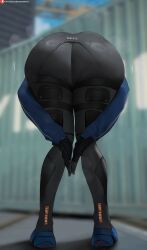1girl amen_pose_(meme) arm_around_leg artist_name ass ass_focus black_gloves black_pants blue_jacket blue_shoes blurry blurry_background from_behind frontbend gloves highres huge_ass jacket meme oroborus oroborusart palms_together pants patreon_logo patreon_username praise_da_booty_(meme) presenting presenting_ass shoes solo standing watermark web_address zenless_zone_zero zhu_yuan