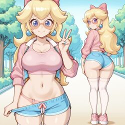 1girls ai_generated ass_focus ass_view blonde_hair blue_earrings blue_eyes blue_nail_polish booty_shorts bow_ribbon casual_clothes clothed crop_top cropped_jacket female_focus from_behind long_eyelashes looking_at_viewer looking_over_shoulder mario_(series) multiple_views nintendo no_sex outdoors panties peace_sign pixai princess_peach pulling_down_pants round_ass round_breasts round_glasses sneakers thighhighs thighs wekilled_god