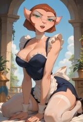 ai ai_generated alien big_breasts breasts captain_amelia feline female green_eyes looking_at_viewer maid maid_uniform mature_female on_knees short_hair treasure_planet