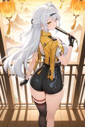 digitalwaifugallery ai_generated patreon seductive sexy uncensored watermark hi_res high_quality high_resolution yixuan_(zenless_zone_zero) hoyoverse gloves 1girl fingerless_gloves long_hair ahoge breasts ass looking_at_viewer thighhighs black_gloves single_thighhigh hair_ornament silver_hair solo yellow_eyes jacket bangs thighs standing holding shorts black_legwear hairclip very_long_hair looking_back eyebrows_visible_through_hair