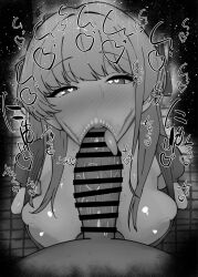 1boy 1girls :>= areola_slip bare_shoulders big_penis black_and_white blowjob blue_archive blush breasts censored dark-skinned_male dark_skin detailed_background drooling erection eyelashes fellatio female footwear heart heart-shaped_pupils human indoor inside kurotama legwear looking_at_viewer male male_pov oral oral_sex penis ribbon room saliva shiny shiny_skin short_hair sound_effects squatting stockings straight sweat text toki_(blue_archive) tongue tongue_out vein veins veiny veiny_penis