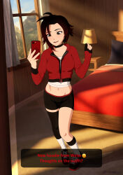 1girls black_hair black_hair_female clothed_female dialogue female female_only necromalock phone red_highlights ruby_rose rwby selfie shorts silver_eyes solo_female taking_selfie