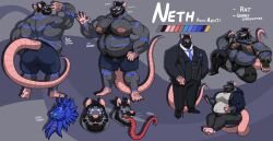 accessory anthro arm_hair beard belly belly_peek big_muscles big_nipples big_pecs body_hair boots bottomwear butt cane chest_hair chest_tuft clothing collar ear_piercing ear_ring eyewear facial_hair facial_piercing footwear front_view glasses gloves hand_on_hip handwear happy_trail harness hi_res hoodie jockstrap long_tongue looking_at_viewer male mammal murid murine musclegut muscular navel necktie neth_rusiki_azhti nethgoorat nipple_outline nipple_piercing nipple_ring nipples nose_piercing nose_ring pants pecs piercing rat rear_view ring_piercing rodent septum_piercing septum_ring shoes shorts smile solo spiked_collar spikes suit tail tattoo tongue topwear tuft underwear wave